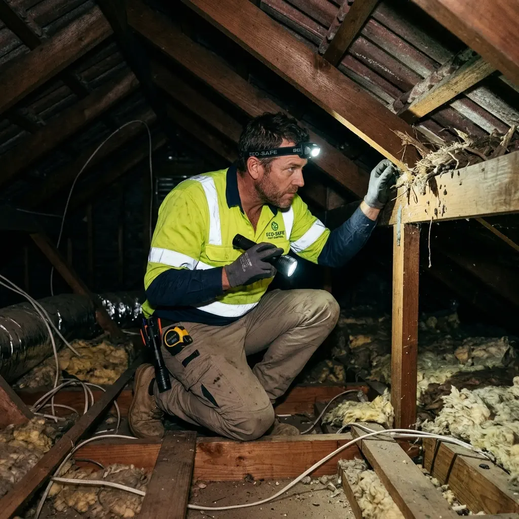 Technician inspecting a roof cavity for a dead animal in Wandana Heights